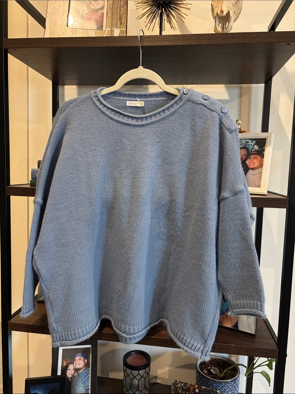 Mersea Light Blue Crewneck Knit Sweater with Shoulder Buttons One Size